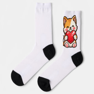 Cute Cat Heart – Kawaii Cat Hugging Red Heart, Cut Socks
