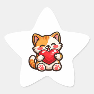 Cute Cat Heart – Kawaii Cat Hugging Red Heart, Cut Star Sticker