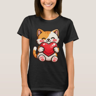 Cute Cat Heart – Kawaii Cat Hugging Red Heart, Cut T-Shirt