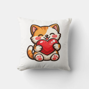 Cute Cat Heart – Kawaii Cat Hugging Red Heart, Cut Throw Pillow