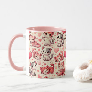 Cute Cat & Hearts Pattern Mug – Pink & Red