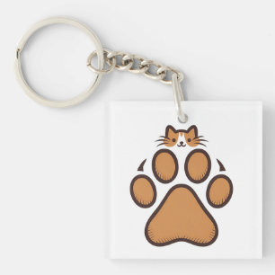 Cute Cat Hiding in Paw Print - Illustration  Keychain