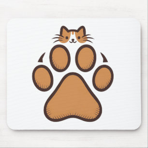 Cute Cat Hiding in Paw Print - Illustration Mouse Pad