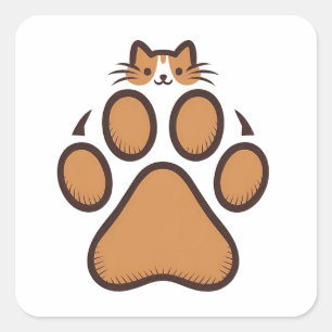 Cute Cat Hiding in Paw Print - Illustration  Square Sticker