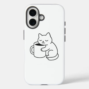 Cute Cat Holding Coffee Minimal iPhone 16 Case