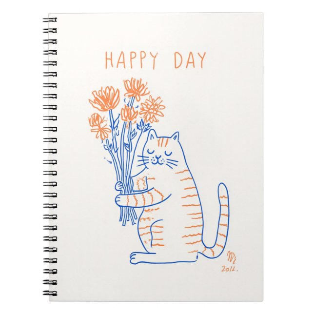 Cute Cat Holding Flowers Happy Day Spiral Notebook (Front)