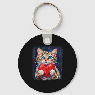 Cute Cat Holding Heart Valentine Kitten Lovers  Keychain