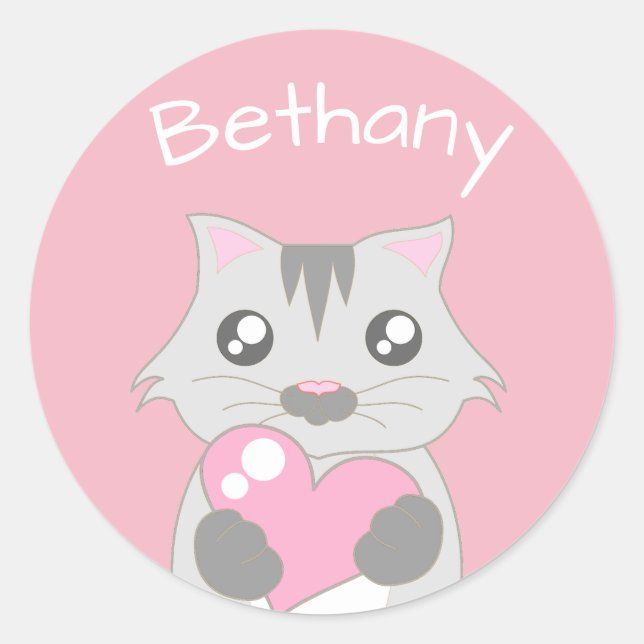 Cute Cat Holding Pink Heart Personalised Classic Round Sticker (Front)