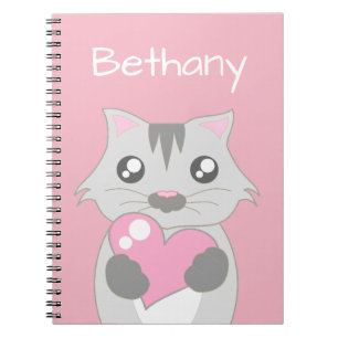 Cute Cat Holding Pink Heart Personalised Notebook