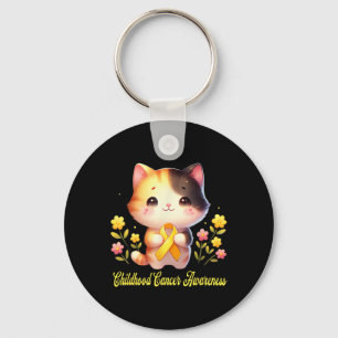 Cute Cat Holding Ribbon Childhood Cancer Awareness Keychain