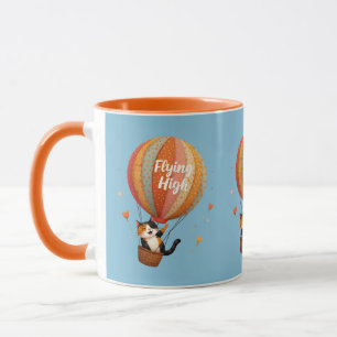 Cute Cat Hot Air Balloon Whimsical Art Blue Mug