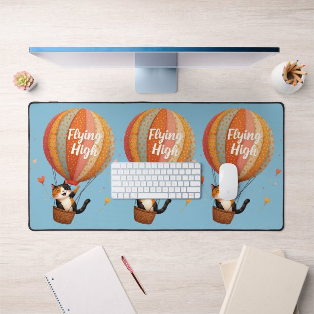Cute Cat Hot Air Balloon Whimsical Art Desk Mat (Office 1)