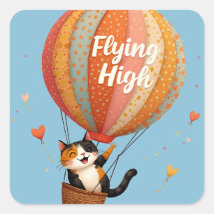 Cute Cat Hot Air Balloon Whimsical Art Square Sticker