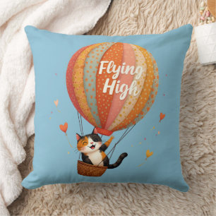 Cute Cat Hot Air Balloon Whimsical Art Throw Pillow