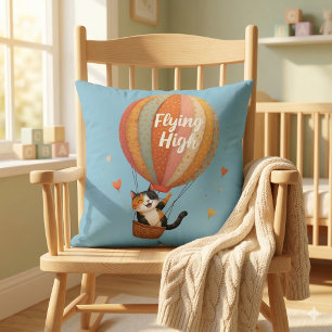 Cute Cat Hot Air Balloon Whimsical Art Throw Pillow