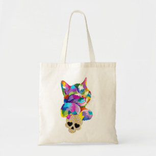 Cute Cat Hug Skull for kitten lovers Colourful Art Tote Bag