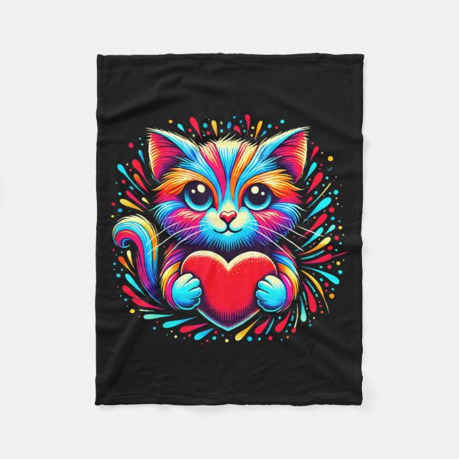 Cute Cat Hugging Valentine Heart Kitty Love Cat Ki Fleece Blanket (Front)