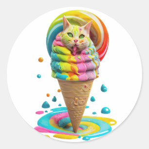 Cute Cat Ice Cream Cone colourful Classic Round Sticker