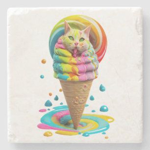 Cute Cat Ice Cream Cone colourful Stone Coaster