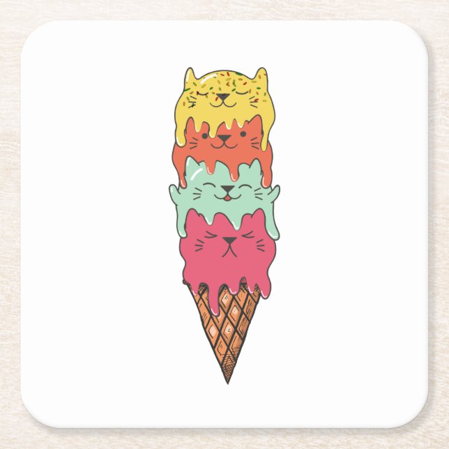 Cute Cat Ice Cream | Kawaii Kittens Square Paper Coaster (Front)