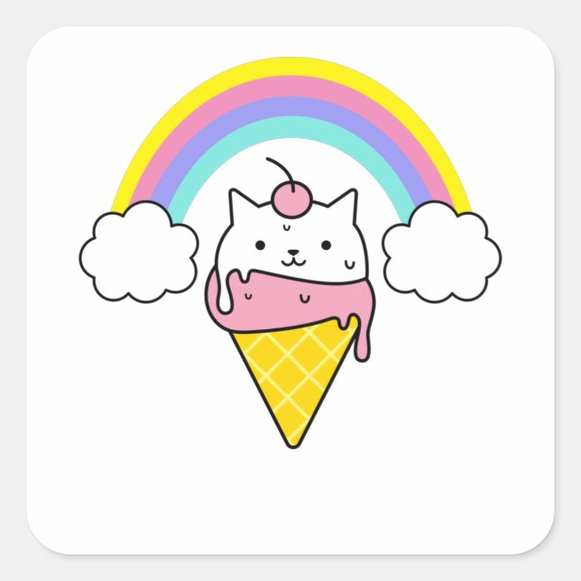 cute cat ice cream rainbow - rainbow square sticker (Front)