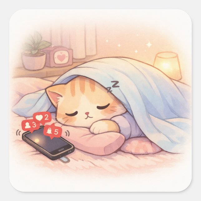 Cute Cat Ignoring Phone Introvert Antisocial Humou Square Sticker (Front)