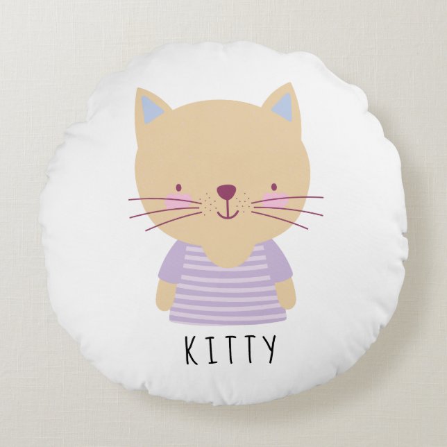 Cute Cat Illustration - Customizable Round Pillow (Front)