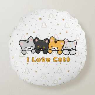 Cute Cat Illustration I Love Cats Kawaii Cartoon D Round Pillow