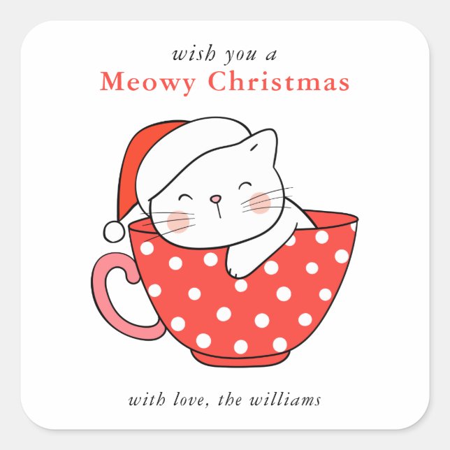 Cute Cat Illustration Red & White Meowy Christmas Square Sticker (Front)