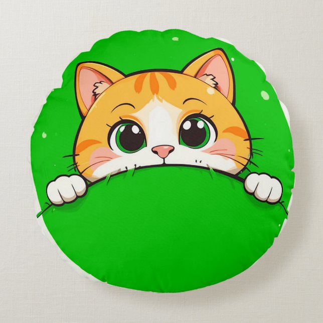 Cute Cat Illustration Round Pillow (Front)