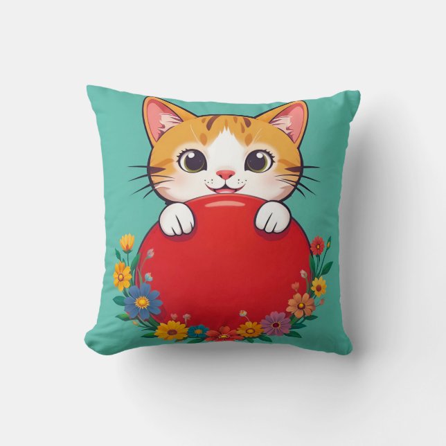 Cute Cat Illustration Throw Pillow (Front)