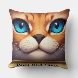 Cute Cat Illustration With Bright Blue Eyes Throw Pillow