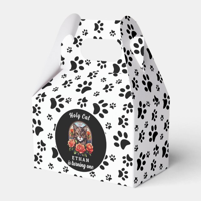 cute cat, I'm One | cat Girl 1st Birthday Favor Box (Front Side)