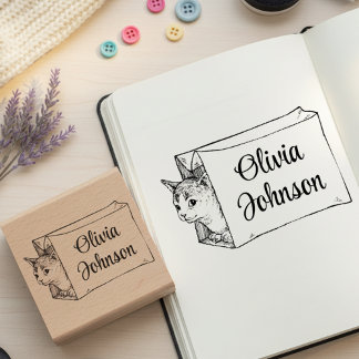 Cute Cat in a Bag Signature Name Wooden Stamp