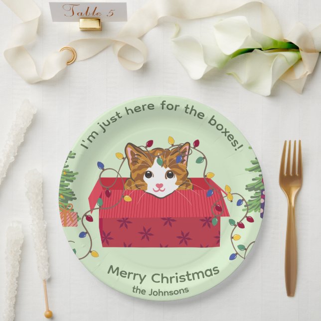 Cute Cat in a Box Here for the Boxes Christmas Paper Plate (Wedding)