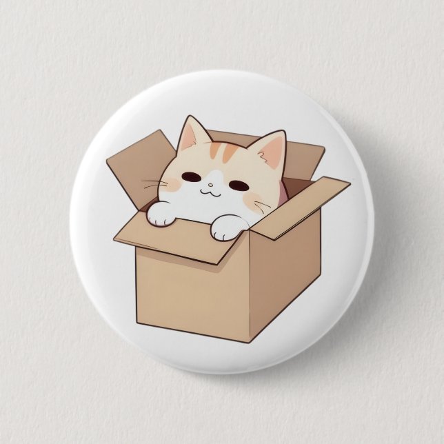 Cute Cat in a Box Kawaii Sticker Design 2 Inch Round Button (Front)