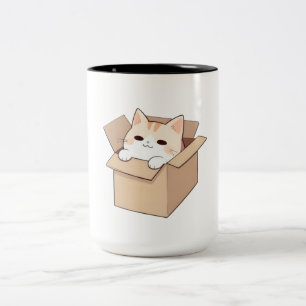 Cute Cat in a Box Kawaii Sticker Design Two-Tone Coffee Mug