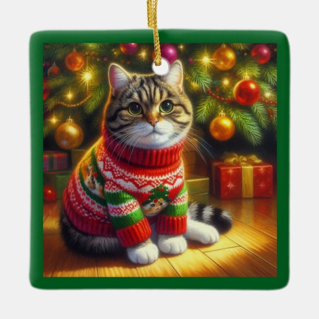 Cute  Cat in a Christmas Sweater  Ceramic Ornament (Front)