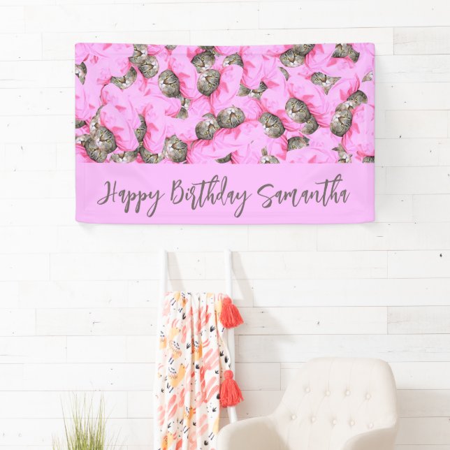 Cute Cat in a Pink Cap Pattern Custom Text Banner (Insitu)