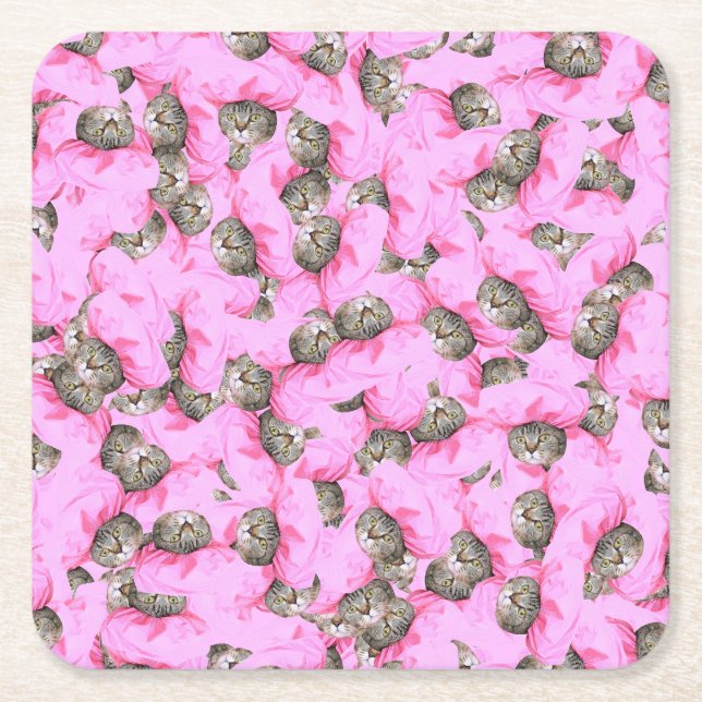 Cute Cat in a Pink Cap Pattern Random Square Paper Coaster (Front)