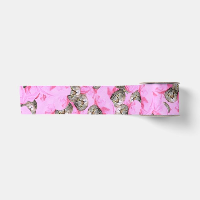 Cute Cat in a Pink Cap Pattern Satin Ribbon (Front)