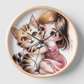 Cute cat in a warm hug with a little girl clock
