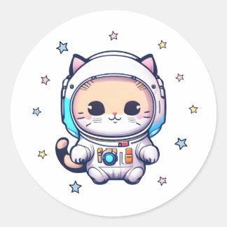 Cute Cat In Astronaut Suit Floating In Space Classic Round Sticker