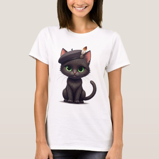 Cute Cat in Beret T-shirt (Front)