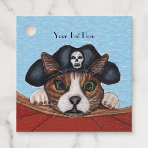 Cute Cat in Black Pirate Hat Skull Red Boat Favour Tags