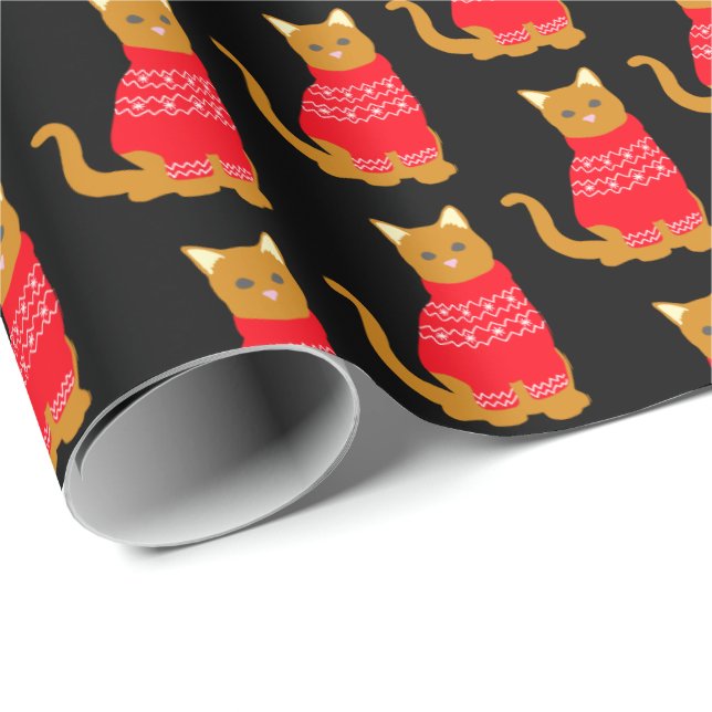 Cute Cat in Christmas Jumper Red Black Patterned Wrapping Paper (Roll Corner)