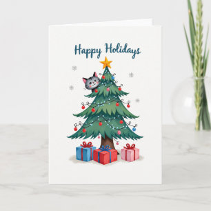 Cute Cat In Christmas Tree Happy Holidays Card