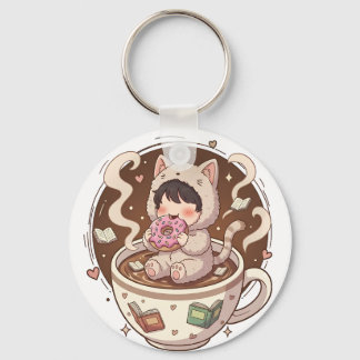 Cute Cat in Coffee Cup - Cozy Adventure Hoodie art Keychain