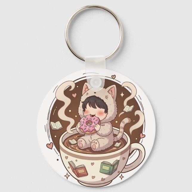 Cute Cat in Coffee Cup - Cozy Adventure Hoodie art Keychain (Front)