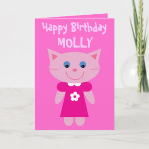 Cute Cat In Dress Customizable Pink Birthday Card